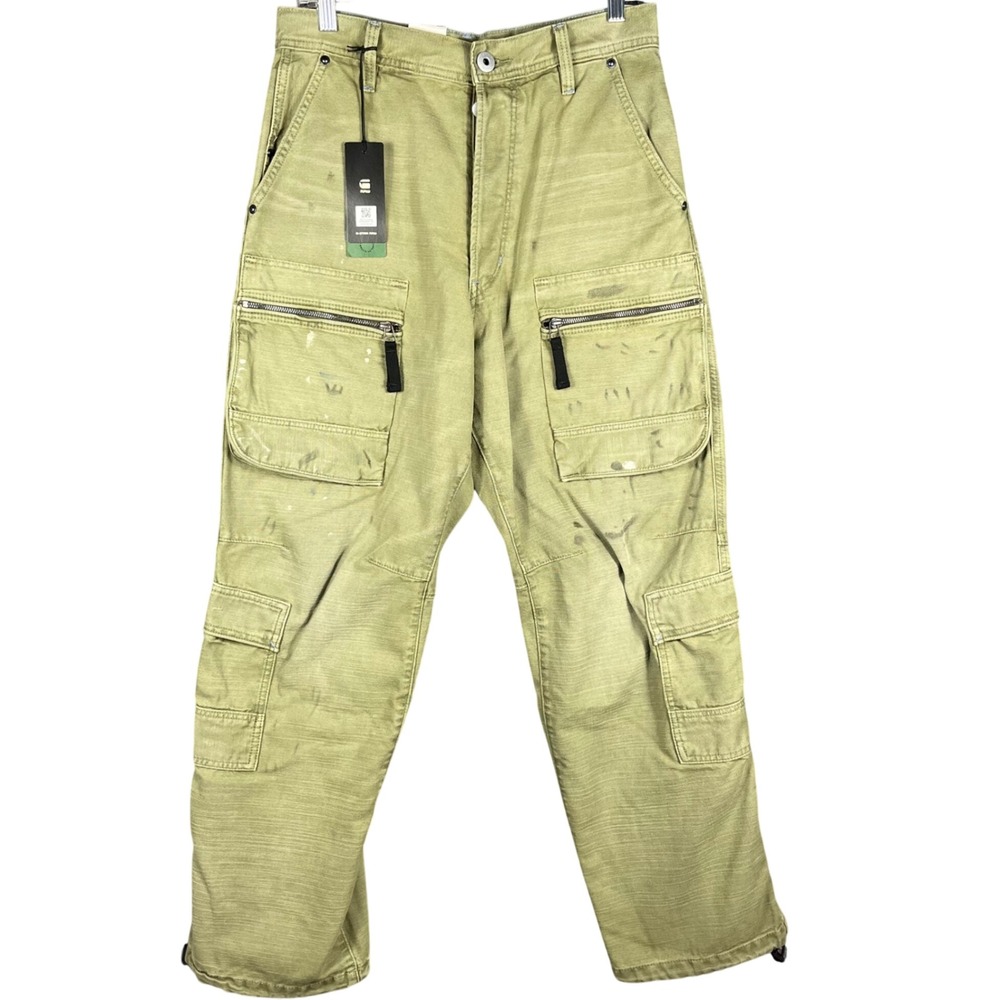 G-Star Raw Cargo Pants Mens 28/32 Olive Green Paint‎ Splatter Multi-Pocket Denim